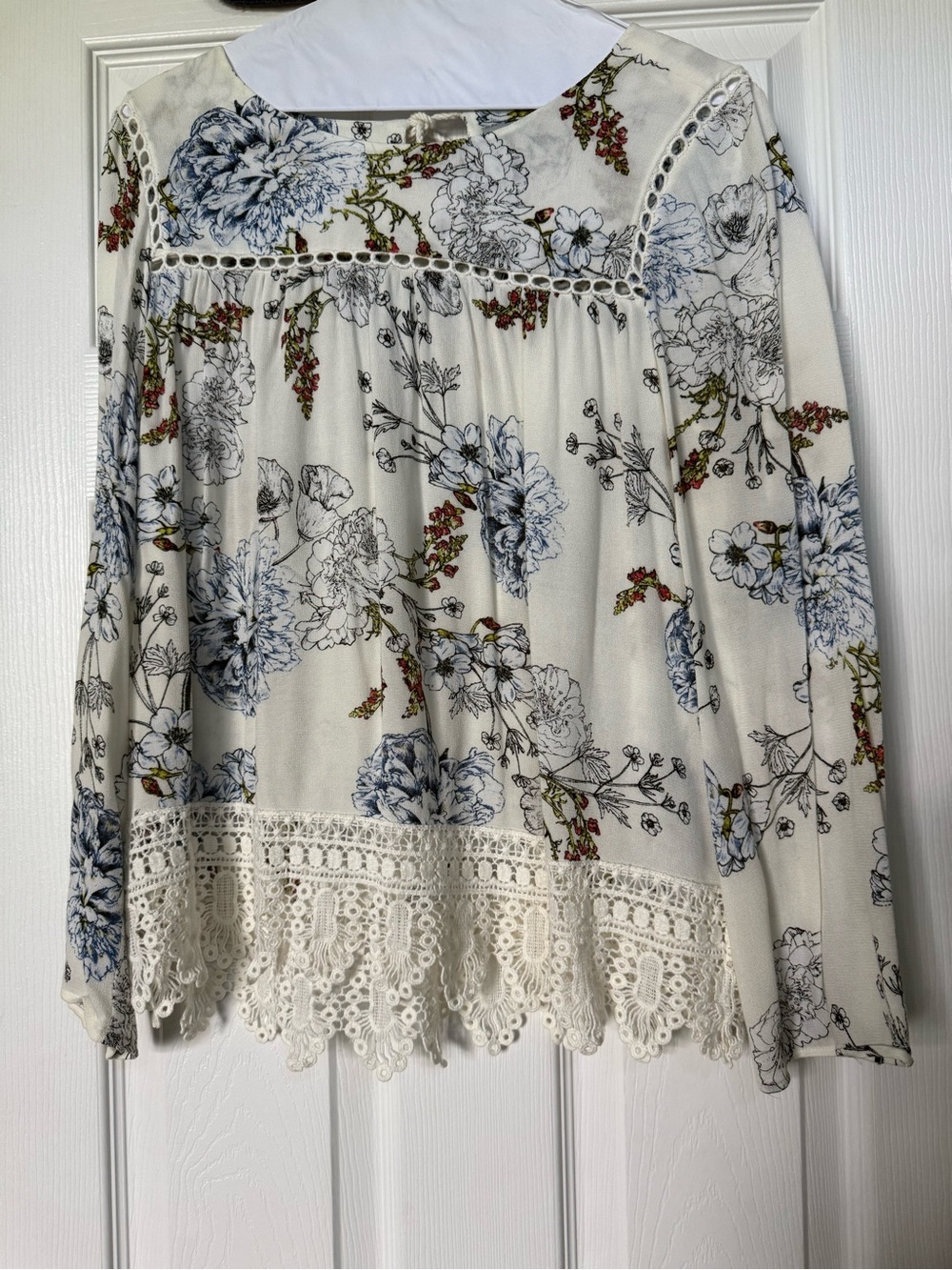 Maeve Cream Blouse with Blue Floral Print and Red Accents